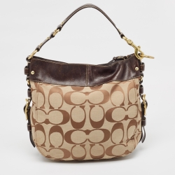 Pre Owned Coach Brown/Beige Signature Canvas and Leather Buckle Hobo