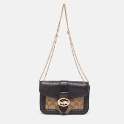 Pre Owned Coach Black/Beige Signature Coated Canvas and Leather Georgie Crossbody Bag