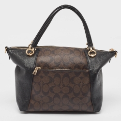 Pre Owned Coach Black/Brown Signature Coated Canvas and Leather Kacey Satchel