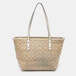 Coach Beige/Brown Signature Coated Canvas and Leather City Zip Tote