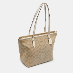 Coach Beige/Brown Signature Coated Canvas and Leather City Zip Tote