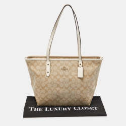 Coach Beige/Brown Signature Coated Canvas and Leather City Zip Tote