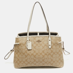Pre Owned Coach Beige/White Signature Coated Canvas and Leather Drawstring Carryall Bag