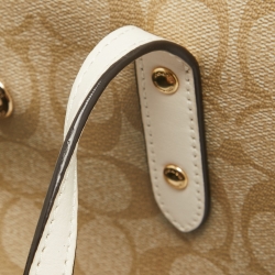 Pre Owned Coach Beige/White Signature Coated Canvas and Leather Drawstring Carryall Bag