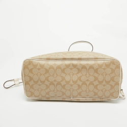 Pre Owned Coach Beige/White Signature Coated Canvas and Leather Drawstring Carryall Bag