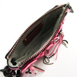 Pre Owned Coach Pink Leather Floral Wristlet Pouch Bag