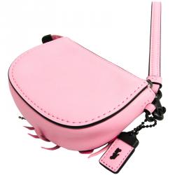 Pre Owned Coach Pink Leather Floral Wristlet Pouch Bag