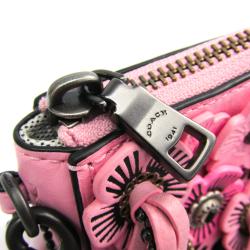 Pre Owned Coach Pink Leather Floral Wristlet Pouch Bag