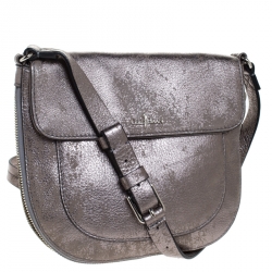 Pre Owned Cole Haan Grey Textured Leather Flap Zip Round Crossbody Bag