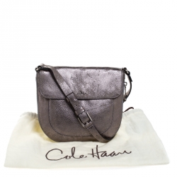 Pre Owned Cole Haan Grey Textured Leather Flap Zip Round Crossbody Bag