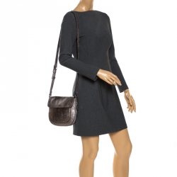 Pre Owned Cole Haan Grey Textured Leather Flap Zip Round Crossbody Bag