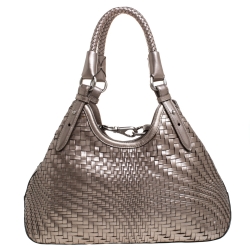 Pre Owned Cole Haan Metallic Silver Woven Leather Triangle Shoulder Bag