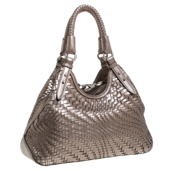 Pre Owned Cole Haan Metallic Silver Woven Leather Triangle Shoulder Bag