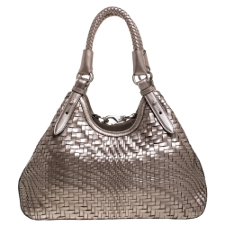 Pre Owned Cole Haan Metallic Silver Woven Leather Triangle Shoulder Bag