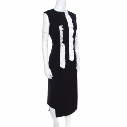 Pre Owned Commes des Garcons Black Wool Ruffled Raw Edged Detail Sheath Dress M