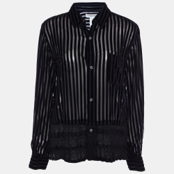 Black Striped Velour & Smocked Hem Shirt