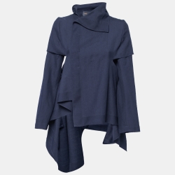 Pre Owned Comme des Garcons Navy Blue Side Slit Distressed Asymmetrical Jacket S