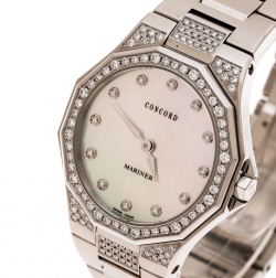 Pre Owned Concord Mother of Pearl Stainless Steel Diamond Mariner 14 E6 1850.1 S Women's Wristwatch 30 mm
