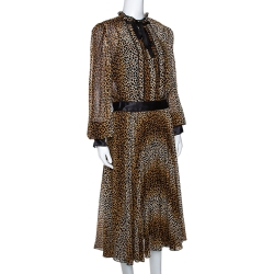 Pre Owned D&G Brown Leopard Print Silk Long Sleeve Midi Dress L