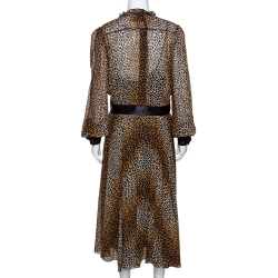 Pre Owned D&G Brown Leopard Print Silk Long Sleeve Midi Dress L