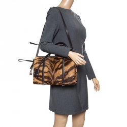 Pre Owned D&G Brown Animal Print Pony Hair and Leather Triple Zipper Top Handle Shoulder Bag