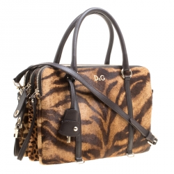 Pre Owned D&G Brown Animal Print Pony Hair and Leather Triple Zipper Top Handle Shoulder Bag
