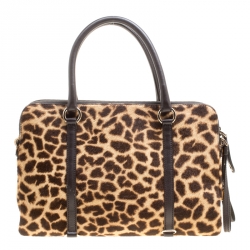 Pre Owned D&G Brown Animal Print Pony Hair and Leather Triple Zipper Top Handle Shoulder Bag