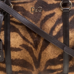 Pre Owned D&G Brown Animal Print Pony Hair and Leather Triple Zipper Top Handle Shoulder Bag