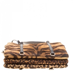 Pre Owned D&G Brown Animal Print Pony Hair and Leather Triple Zipper Top Handle Shoulder Bag