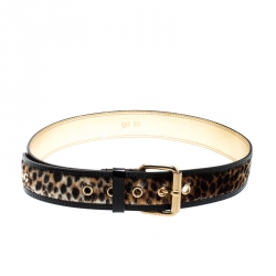 Pre Owned D&G Beige/Gold Leopard Print Calfhair and Leather Belt 85CM