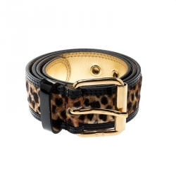 Pre Owned D&G Beige/Gold Leopard Print Calfhair and Leather Belt 85CM