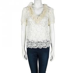 Pre Owned D&G Cream Lace Ruffle Trim Blouse M