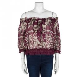 Pre Owned D&G Burgundy Printed Silk Off Shoulder Peasant Blouse M