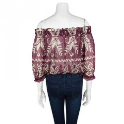 Pre Owned D&G Burgundy Printed Silk Off Shoulder Peasant Blouse M