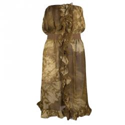 Pre Owned D&G Brown Tie-Dye Printed Silk Ruffle Detail Strapless Dress M