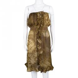 Pre Owned D&G Brown Tie-Dye Printed Silk Ruffle Detail Strapless Dress M