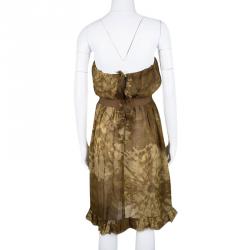 Pre Owned D&G Brown Tie-Dye Printed Silk Ruffle Detail Strapless Dress M