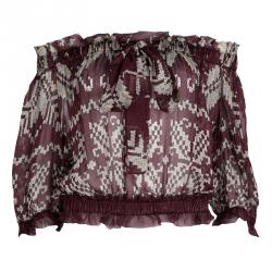 D&G Burgundy Printed Silk Chiffon Off Shoulder Sheer Peasant Blouse M