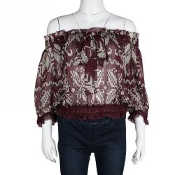 D&G Burgundy Printed Silk Chiffon Off Shoulder Sheer Peasant Blouse M