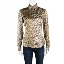 D&G Leopard Print Silk Satin Long Sleeve Button Front Shirt S