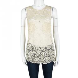 Pre Owned D&G Pale Yellow Floral Lace Sleeveless Top S