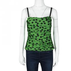 Pre Owned D&G Green and Black Polka Dot Ruched Silk Sleeveless Top M