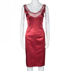 Pre Owned D&G Red Lace Neckline Detail V-Neck Sleeveless Dress L