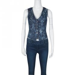 D&G Indigo Printed Washed Denim Lace Back Detail Waist Coat S