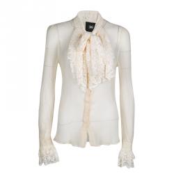 مملوكة مسبقًا D&G Cream Silk Ruffled Lace Detail Long Sleeve Blouse M