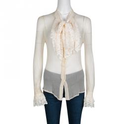 مملوكة مسبقًا D&G Cream Silk Ruffled Lace Detail Long Sleeve Blouse M