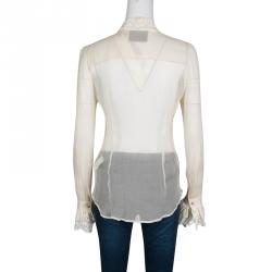 مملوكة مسبقًا D&G Cream Silk Ruffled Lace Detail Long Sleeve Blouse M