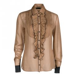 Pre Owned D&G Brown Contrast Trim Ruffle and Pintuck Yoke Detail Long Sleeve Shirt S
