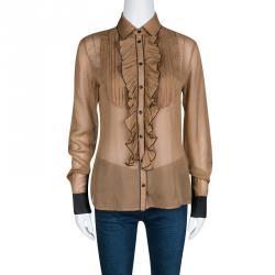 Pre Owned D&G Brown Contrast Trim Ruffle and Pintuck Yoke Detail Long Sleeve Shirt S