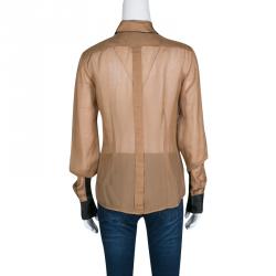 Pre Owned D&G Brown Contrast Trim Ruffle and Pintuck Yoke Detail Long Sleeve Shirt S